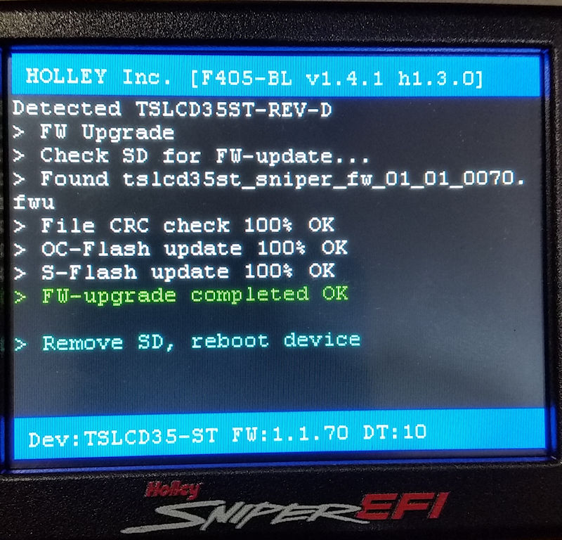 Screen shot displaying Sniper ECU firmware update process (v 1.1.7)